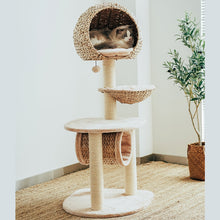 Load image into Gallery viewer, Left side of the Bird Nest Cat Tree with a cat resting in the top condo