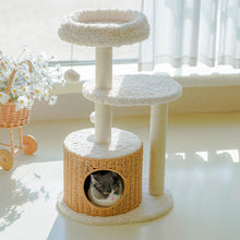 Load image into Gallery viewer, A cat inside the rattan-woven condo of the Milk Cloud Cat Tree