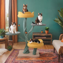 Load image into Gallery viewer, Four cats on the various platforms of the Yellow Tulip Cat Tree