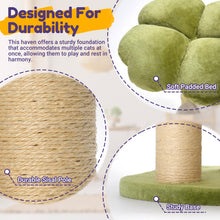 Load image into Gallery viewer, Four Leaf Clover Cat Tree features and details: durable sisal pole, sturdy base, soft padded bed
