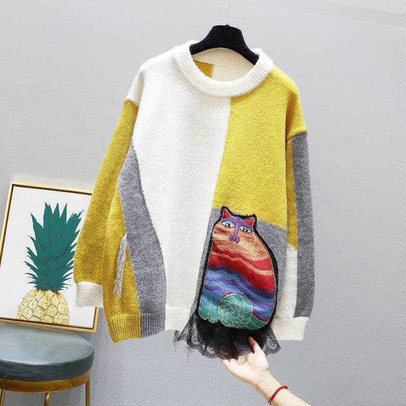 Harajuku Cat Patchwork Sweater