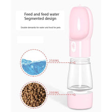 Load image into Gallery viewer, pink 2 in 1 water &amp; food bottle for dog walking hiking
